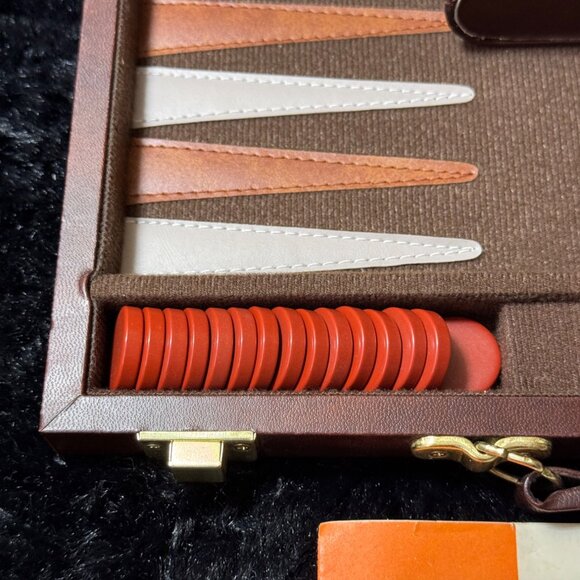 Vintage Brown Leather Backgammon Set With Board Chips & Dice In Travel Case - Picture 5 of 9